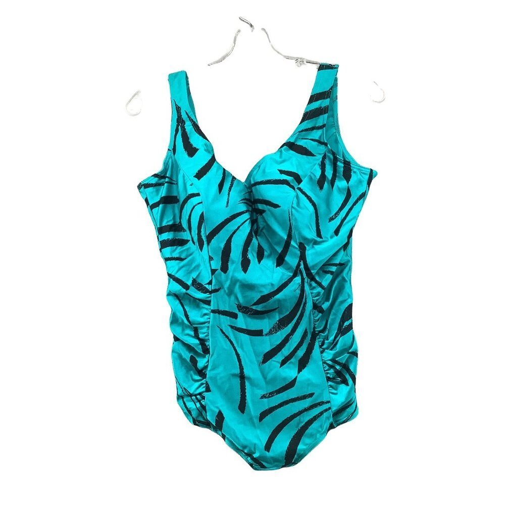Vintage One‎ Piece Swimsuit Womens L C Cup Teal Tiger Print Unpadded 90s